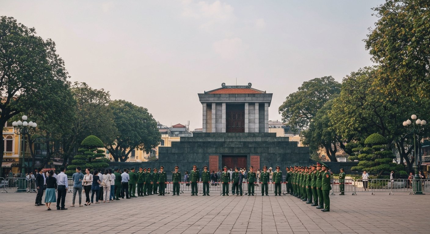 the Ho Chi Minh Mausoleum at Ba Dinh Square in early morning light, with a long quiet queue and soldiers standing rigidly at the entrance