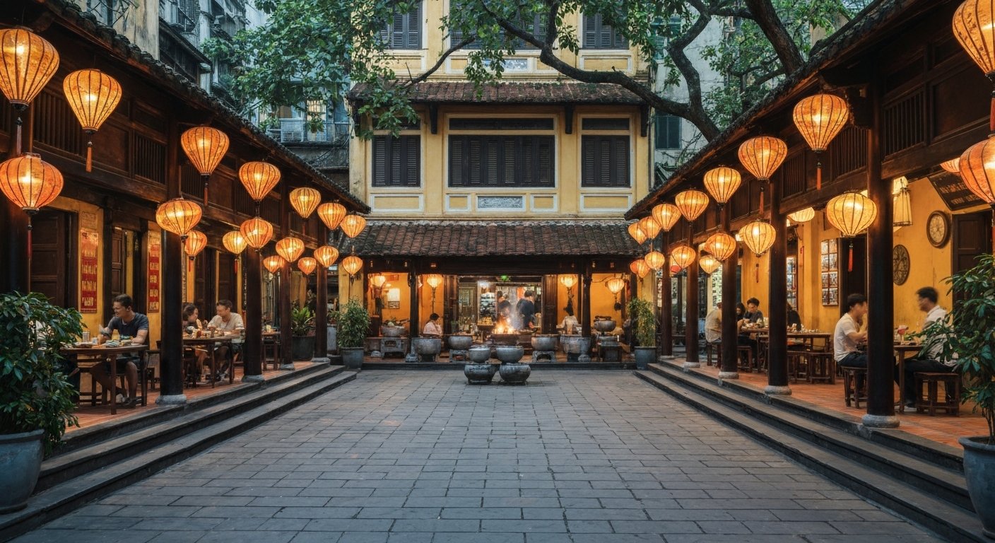 the lantern-lit courtyard at Quan An Ngon on Phan Dinh Phung, with open cooking pavilions and diners under warm evening light