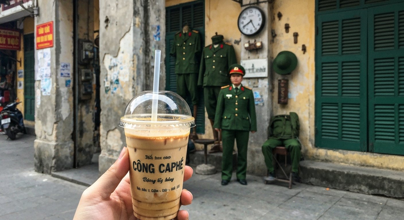 a cup of coconut coffee at Cong Caphe, with distressed concrete walls, army-green uniforms and wartime memorabilia in the background