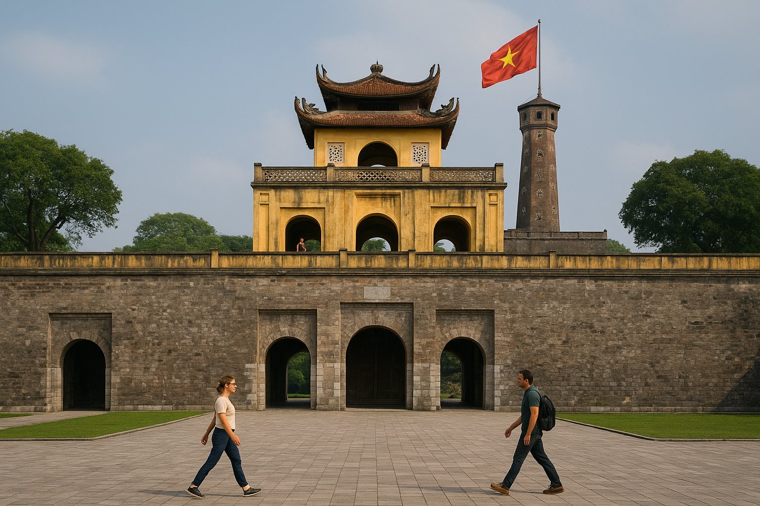 the Doan Mon gate and flag tower at the Imperial Citadel of Thang Long, with pale stone walls and a broad historic courtyard in daytime light