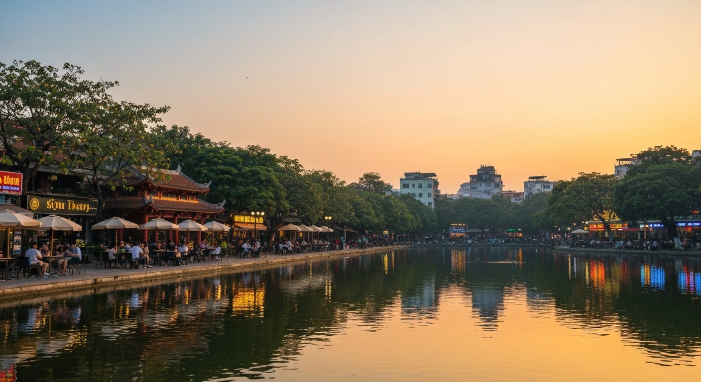 Ho Tay at golden hour, with the wide lakeside promenade in Tay Ho and silhouettes of cafés and trees reflected in still water