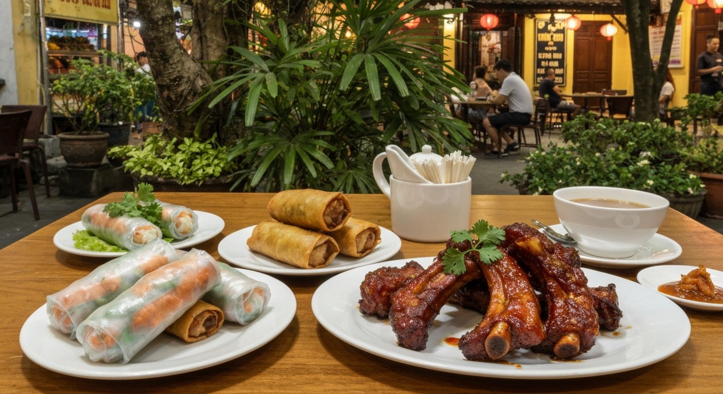 crab spring rolls and lacquered pork ribs at Chao Ban in a leafy villa garden at 98 To Ngoc Van, evening table setting