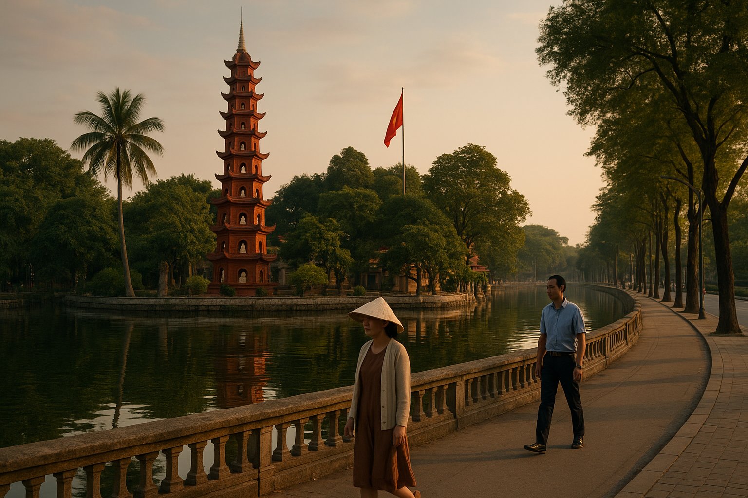 Tran Quoc Pagoda’s red-brick stupa on its small West Lake island at golden hour, reflected in calm water beside Thanh Nien Road