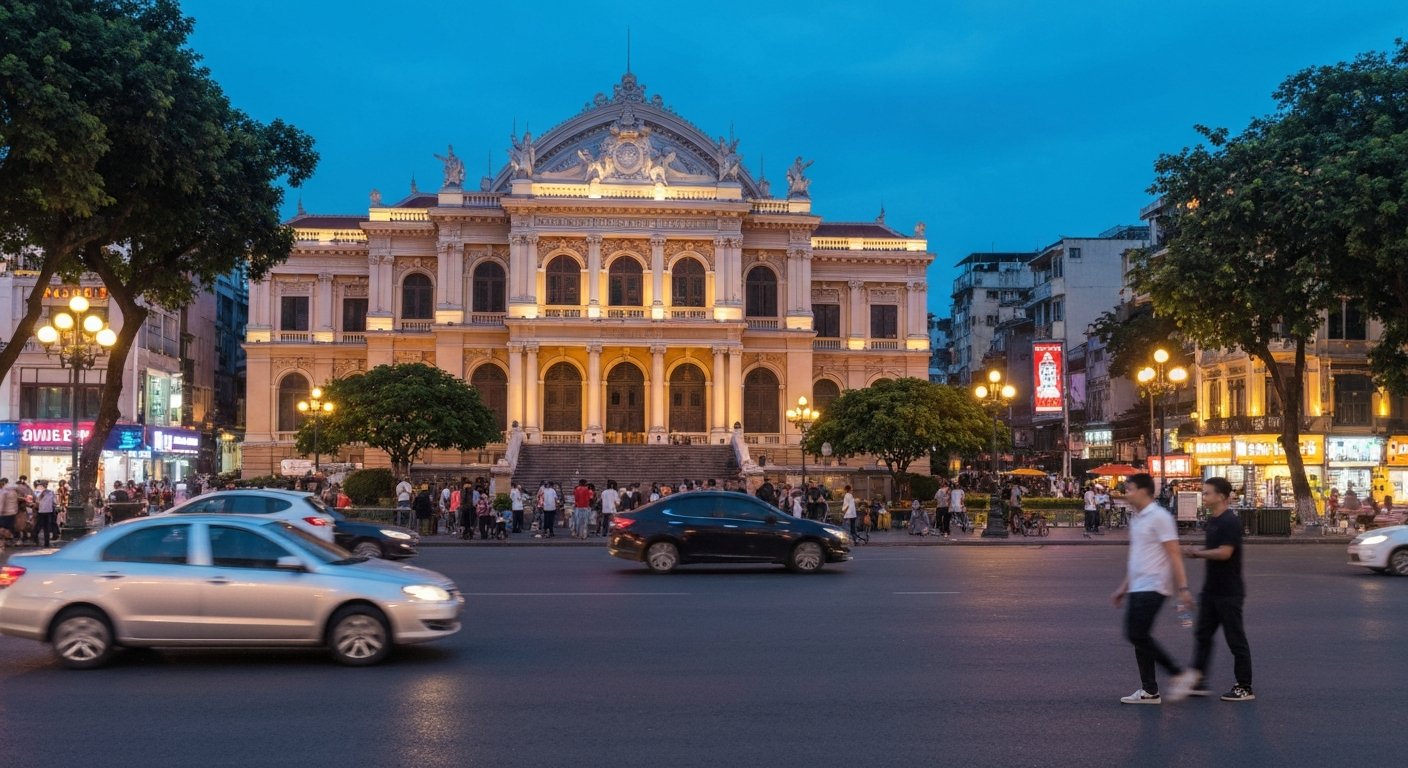 Hanoi-Oper am Trang Tien in der Abenddämmerung, ihre Beaux-Arts-Fassade von Scheinwerfern vor einem blauen Abendhimmel beleuchtet, mit dem Platz und dem Verkehr im Vordergrund
