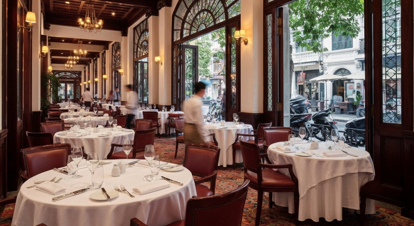 Le Beaulieus eleganter Speisesaal im Metropole, weiße Tischdecken, poliertes Glas und warme koloniale Beleuchtung, die an die gehobene Küche des alten Hanoi erinnern
