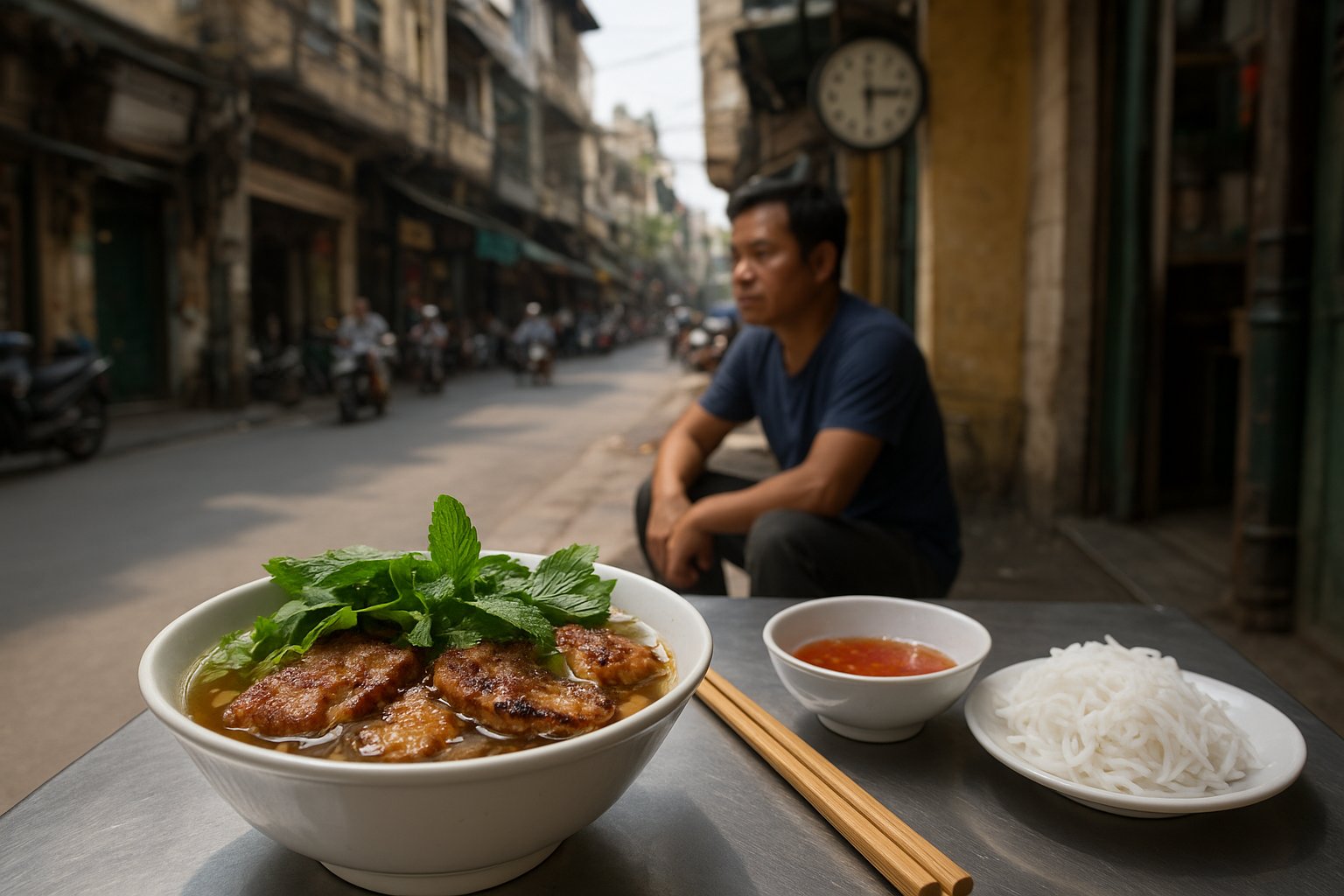 eine dampfende Schüssel Bun Cha mit gegrilltem Schweinefleisch, Kräutern und Nudeln bei Bún Chả Hương Liên, serviert auf einem einfachen Metalltisch unter hellem Mittagslicht