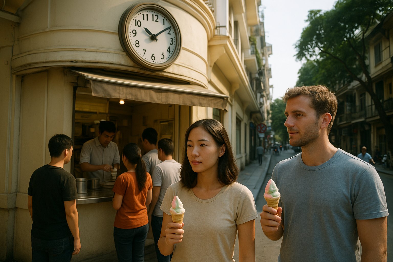 Kem Trang Tien am Trang Tien mit einer kleinen Schlange am Tresen, Kunden halten pastellfarbene Eiswaffeln am späten Nachmittag