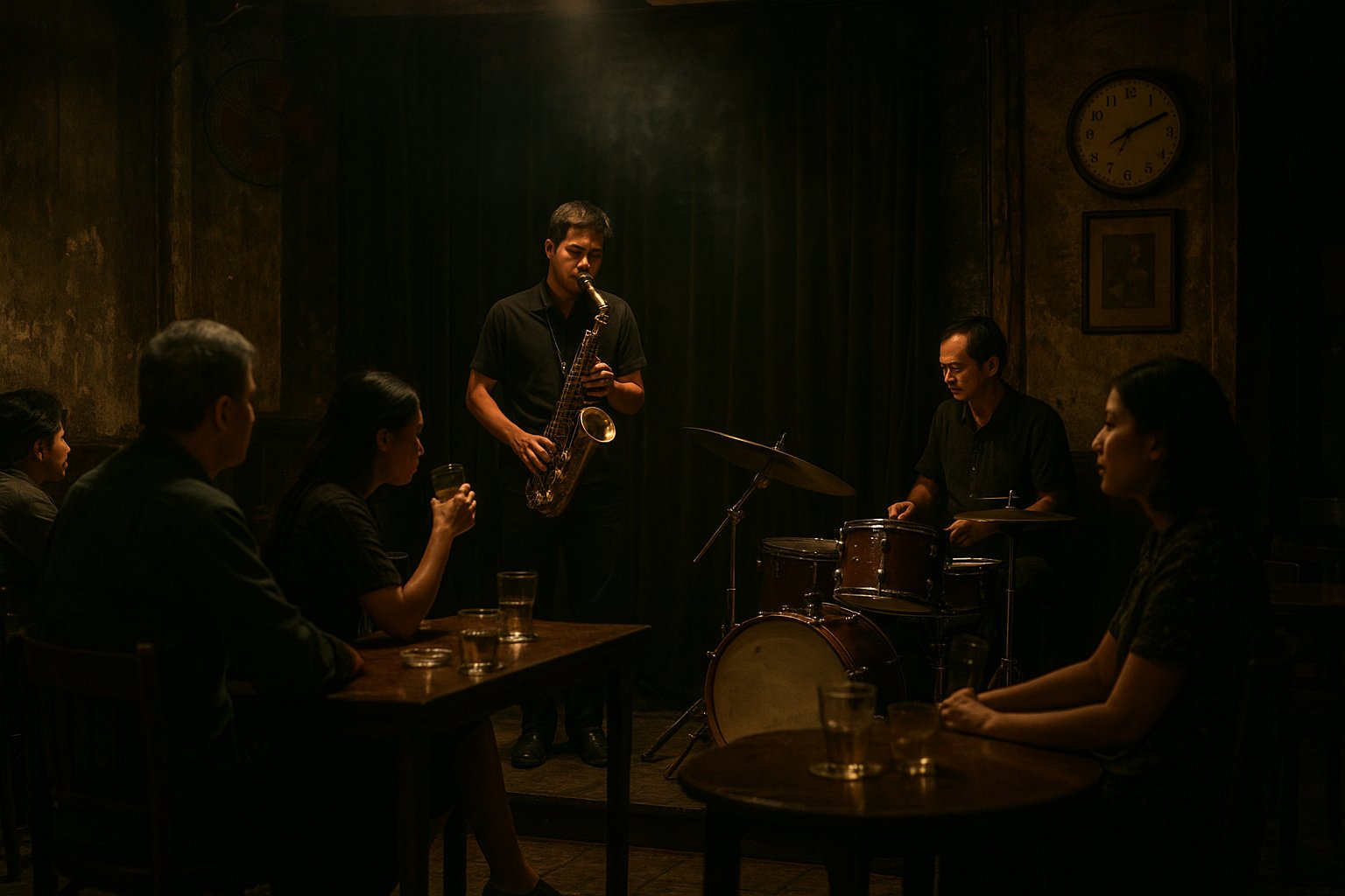 das intime, verrauchte Innere des Binh Minh Jazz Club bei Nacht, eine kleine Bühne mit Saxophon und Schlagzeug, Publikumstische nah an der Band