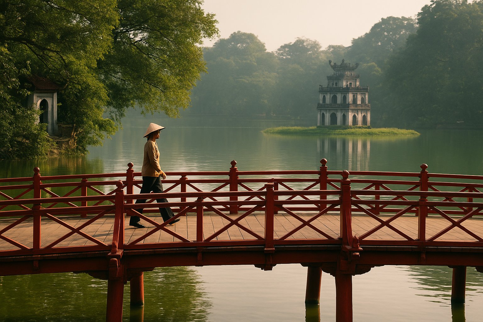 the red The Huc Bridge arching over Hoan Kiem Lake toward Ngoc Son Temple, morning light reflecting on the water and Turtle Tower in the distance