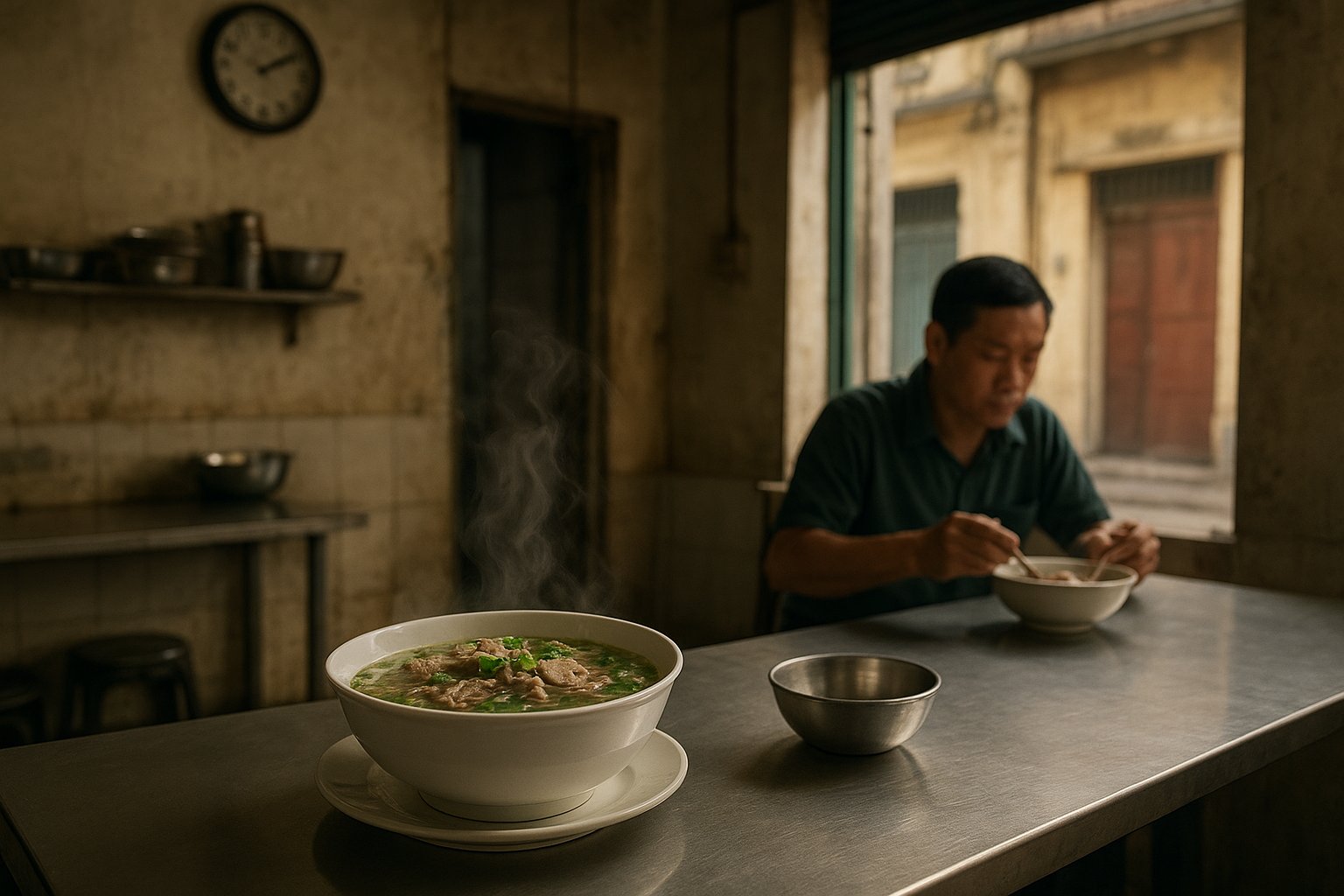 a steaming bowl of beef pho at Pho Gia Truyen on Bat Dan, bare shophouse interior, stainless bowls and early-morning light