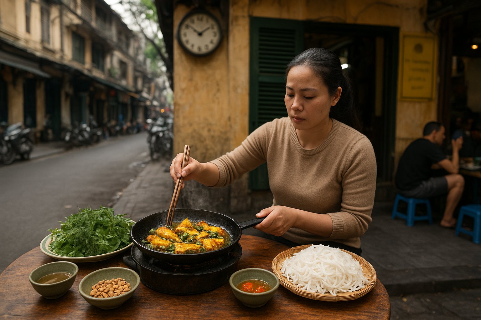 turmeric-and-dill grilled fish sizzling at Cha Ca La Vong on Cha Ca street, tabletop heat, herbs and noodles arranged for serving