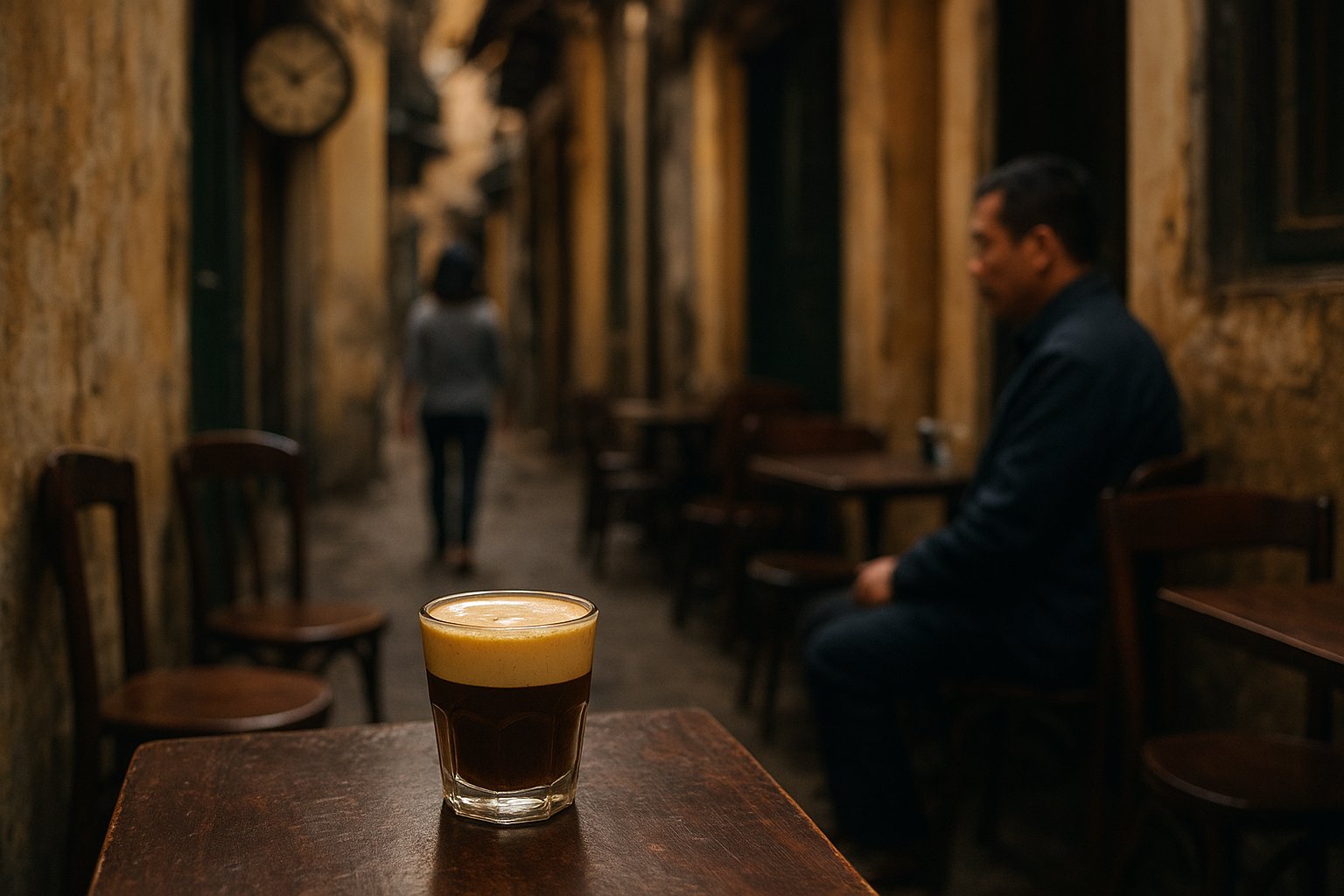 a small glass of Hanoi egg coffee at Cafe Giang in a narrow alley off Nguyen Huu Huan, creamy foam on top, intimate low-light cafe setting