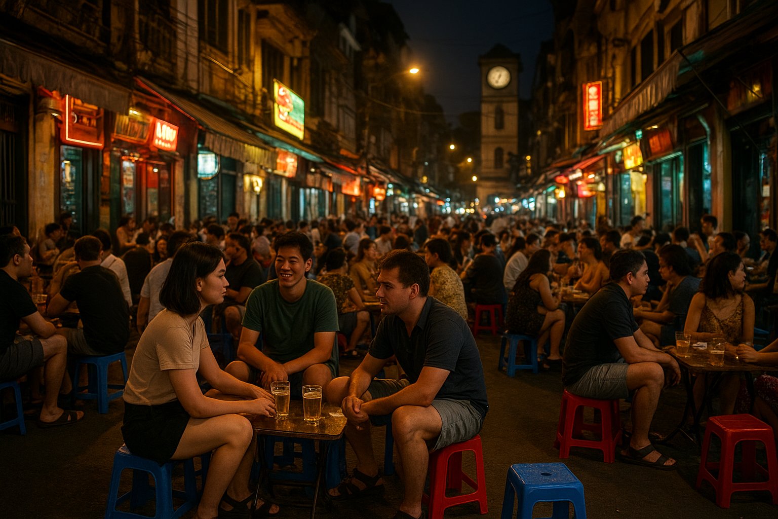 Ta Hien Beer Street at night near the Luong Ngoc Quyen corner, plastic stools spilling into the road, neon signs and bia hoi crowd