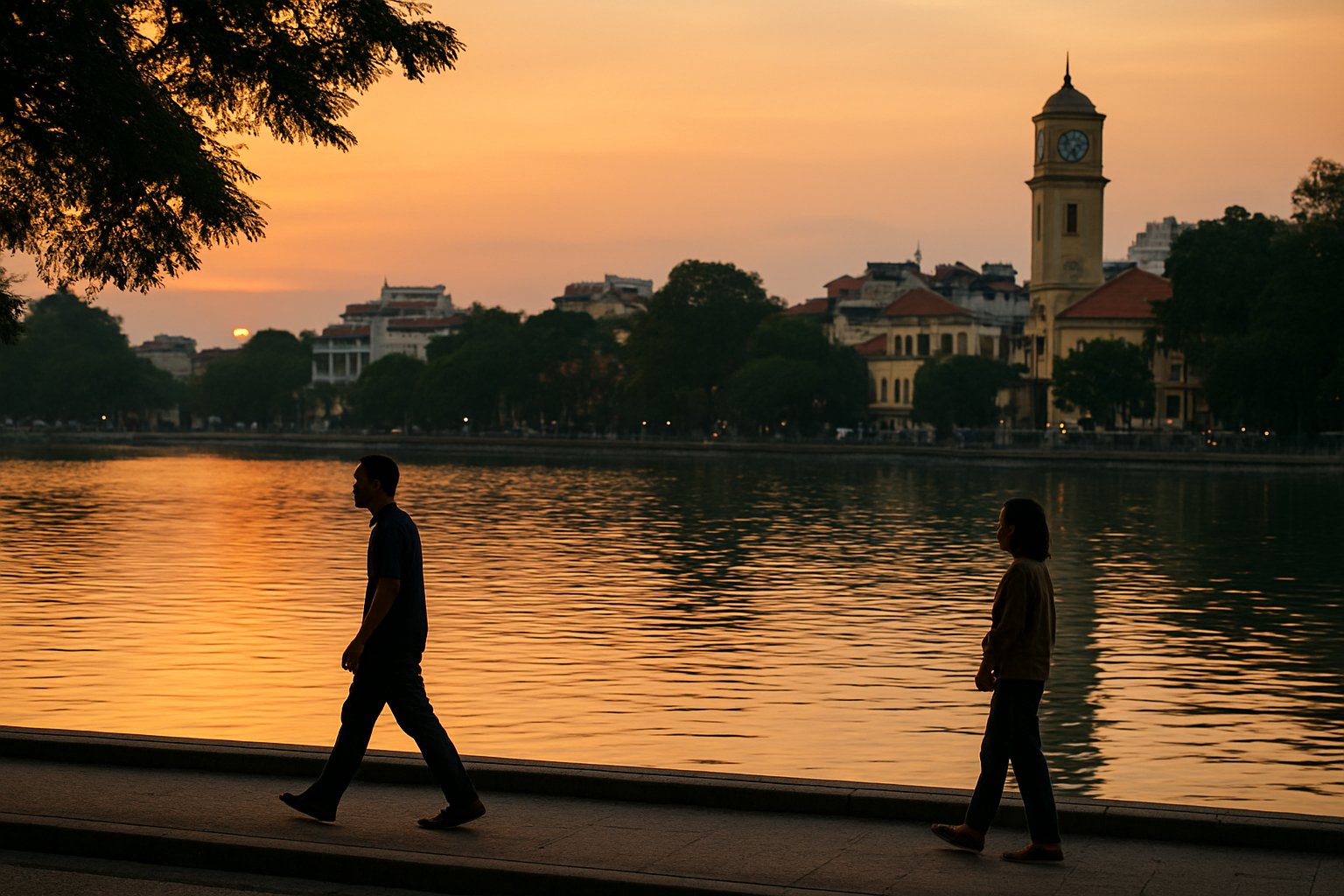 dusk over Truc Bach Lake from the western shore, the water turning gold with low lakeside light and scooters absent from the pedestrian strip