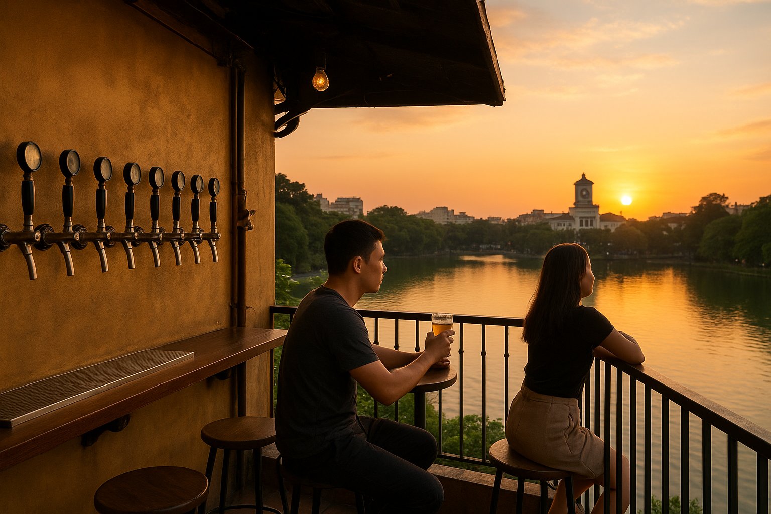 the upstairs balcony at Standing Bar, 170 Tran Vu, with rows of rotating taps inside and Truc Bach Lake stretching beyond the railing at sunset