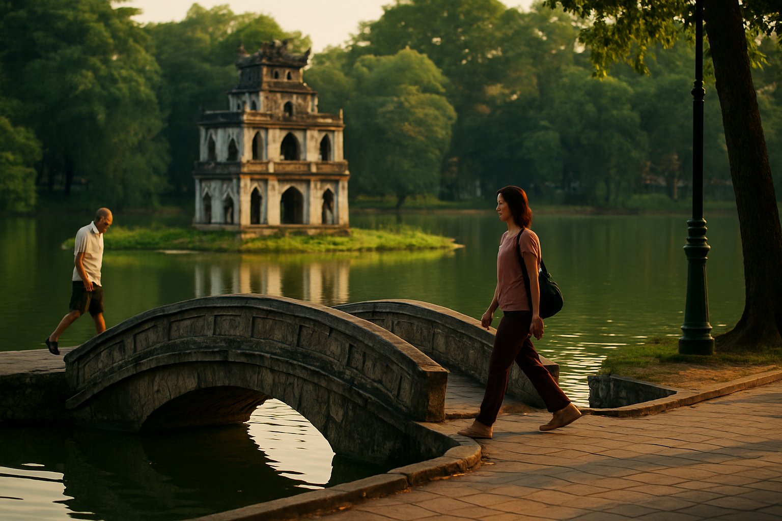 the small stone bridge to Thuy Trung Tien Temple over still lake water, with the temple marooned on a tiny islet and low evening light on the shore